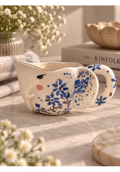 Floral Fil Kupa El Yapımı Seramik Altın - Mavi