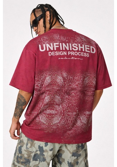 Tarz Cool Erkek Oversize Tişört Never Stop Trying Baskılı Salaş Kalıp Bordo