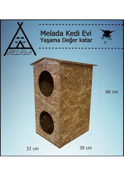 Melada Kedi Evi Dış Ortam Uygun Ahşap Kedi Evi Dublex Osb 66x39x32 Cm