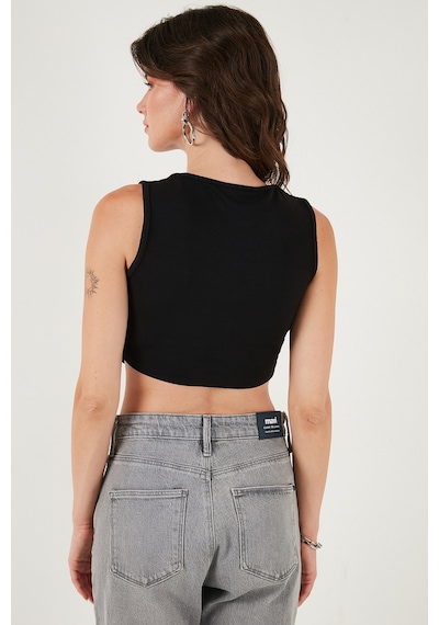 Lela Slim Fit Kalp Yaka Düğmeli Kalın Askılı Crop Bayan Yelek 5865497 Siyah