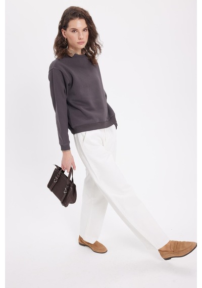 Tudors Kadın Oversize Geniş Kesim Pamuklu Bisiklet Yaka Füme Sweatshirt-39927 Füme