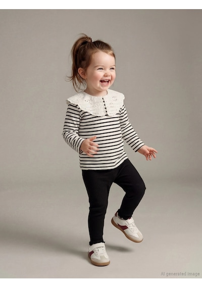 LC Waikiki Lcw Baby Ekru Bebe Yaka Kız Bebek Bluz Ve Tayt Ecru Strıped