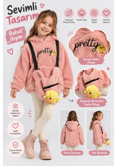 Ahengim Kız Çocuk Peluş Kapüşonlu Sweatshirt Pretty Nakışlı Oyuncak Aksesuarlı Çantalı Kışlık Üst Ak4130 Pembe