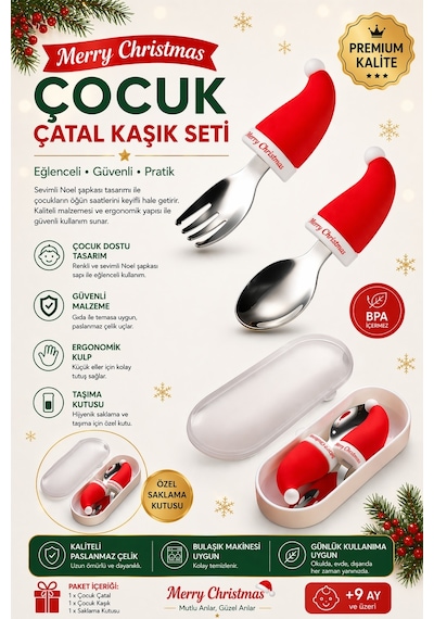 Noel Figürlü Premium Çocuk Bpa'sız Silikon Saplı Paslanmaz Çelik Uçlu Çatal-kaşık/saklama Kutusu