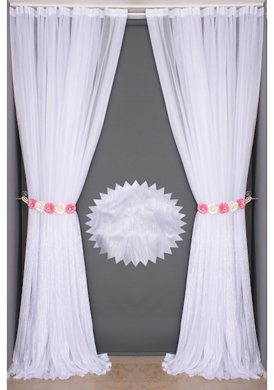 Selvi Desen Beyaz Renk Hazır Dikilmiş Pileli Fon Perde 300x260 Cm