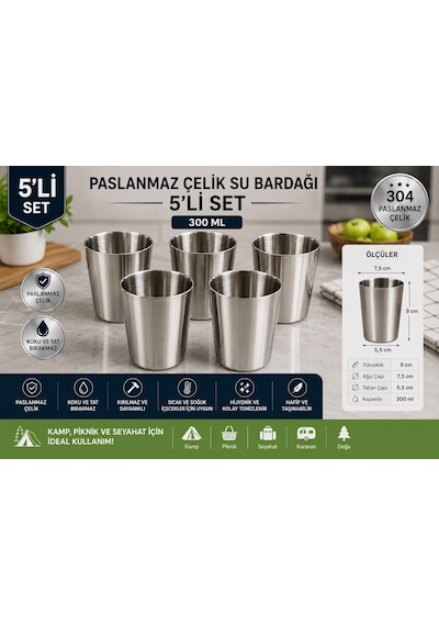 Taşdemir 5'li Paslanmaz Çelik Bardak Seti Metal Kupa Bardak Kamp Piknik Ev Kullanımı Gümüş