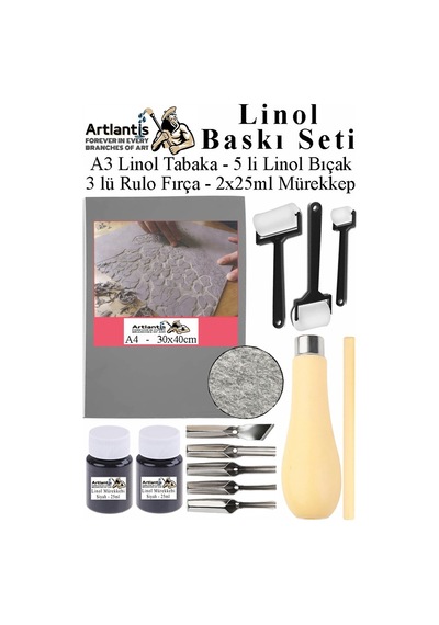 Linol Baskı Seti 1 Paket A3 30x40 Cm Linolyum Tabaka Gri Linol Oyma Seti 5 Bıçaklı Rulo Fırça Mürekkep Linol Baskı Seti Siyah