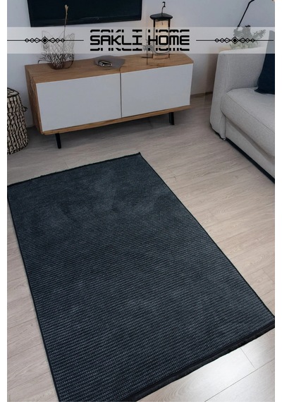 Antrasit Şönil Kilim Salon Oturma Çocuk Odası Hasır Yıkanabilir Yolluk Kaymaz Taban Halı Siyah Antrasit