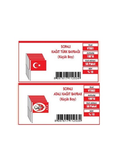 12.5X22.5CM 100Lü Çıtalı Kağıt Sallama Sopalı Türk Bayrağı