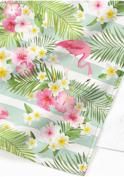 Flamingo Tropikal Çiçekli Plaj Havlusu - Mint Pembe Marine Çizgili Hızlı Kuruyan Mikrofiber Havlu Çok Renkli