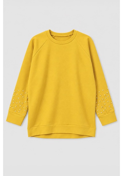 Markapia Kadın Oversize Taş Detaylı Geniş Kalıp Sweatshirt Sarı