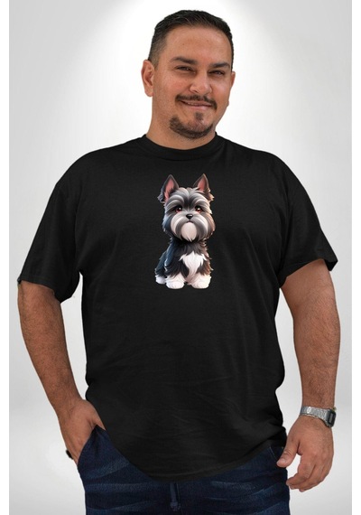 Angemiel Sevimli Beyaz Gri Köpek Siyah Büyük Beden Erkek Kadın Unisex Basic Ön Baskılı Tişört Siyah