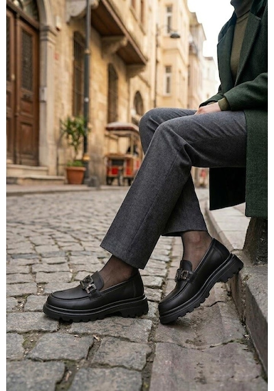 Fort Ventes 35842 Siyah Cilt Toka Detaylı Rahat Loafer Kadın Ayakkabı
