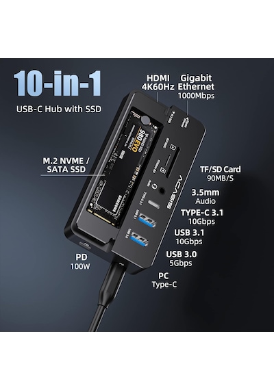 Acasis CM073S 10in1 USB,HDMI,PD100W,LAN,Type-C Dock+Disk Kutu