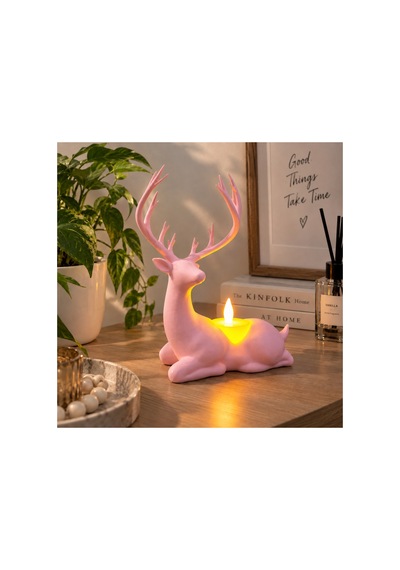 Geyik Biblo Mumluk Led Tealight Mumlu Dekoratif Masa Ve Ev Süsü, 18 Cm - Pembe Açık