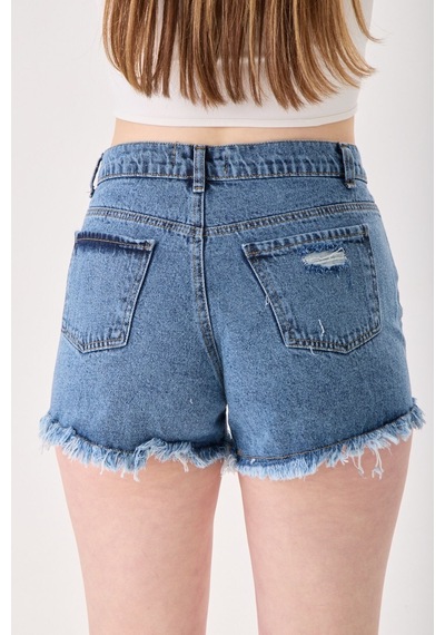 Eseclass Modern Kesim Yüksek Bel Püskül Paça Denim Şort Koyu Mavi Koyu Mavi