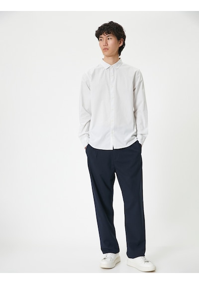 Koton Slim Fit Gömlek Yarım İtalyan Yaka Düğmeli Pamuklu Bej Desenli 4sam60082hw Ekru Desenli