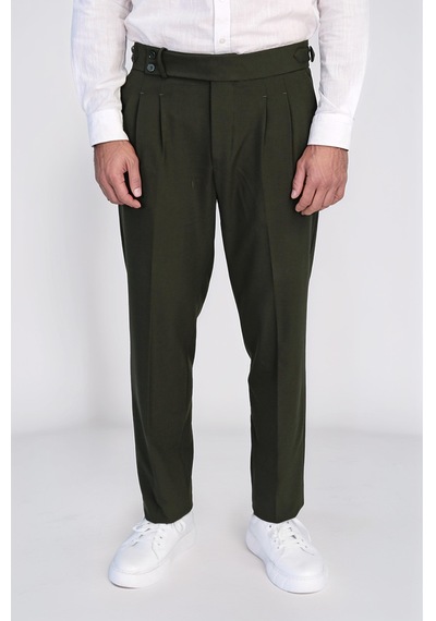 Haki Çift Pileli Tokalı Yüksek Bel Slim Fit Pantolon Wessi Yeşil