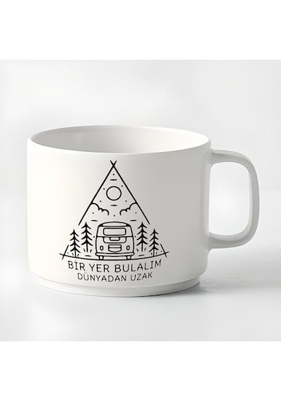Duble Türk Kahvesi Fincanı & Espresso Bir Yer Bulalım Dünyadan Uzak Küçük Kupa 180 Ml Beyaz