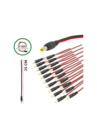 20 Adet Dc Power Jack Kablosu 25 Cm Düz Erkek Çoklu Set Kamera Modem Led Adaptör Güç Bağlantı Kablosu
