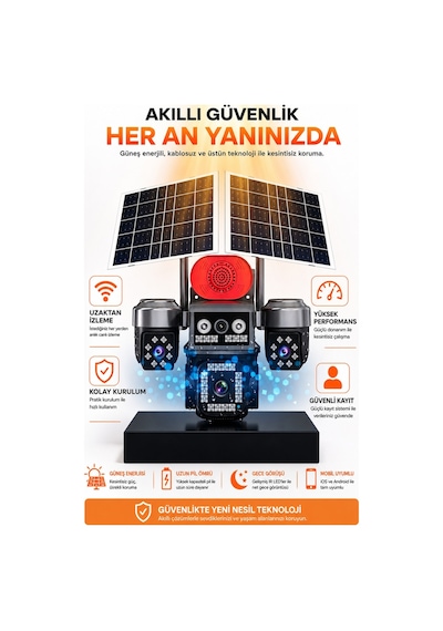 Viva Sim-840 Çift Güneş Panelli 4g Sim Kartlı Kablosuz 4 Lensli Güvenlik Kamerası 16mp Ptz 128gb Hafıza Kart Dahil Dahil