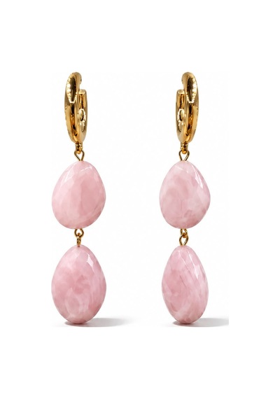 Gold Pembe İkili Damla Taşlı Sallantılı Küpe - Romantik Halka Takı