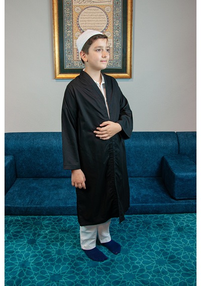 Siyah Buhara Yaka Namaz Elbisesi Erkek Çocuk Cübbe Siyah