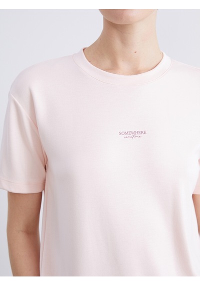 Lcw Comfort Pembe Bisiklet Yaka Baskılı Kadın Tişört