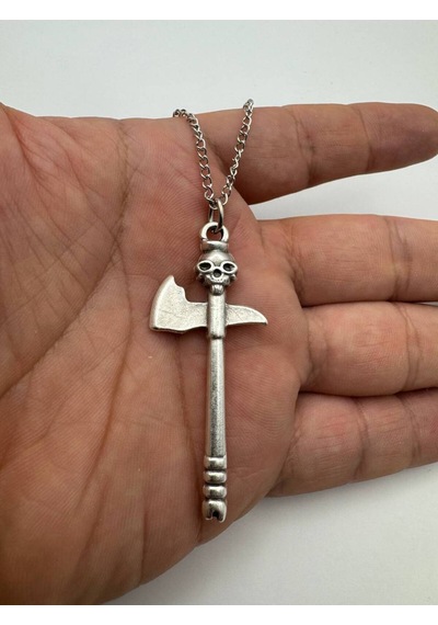 Kuru Kafa Figürlü Balta Kolye 60 Cm Zincirli Zamak Kaplama Unisex Gotik Aksesuar Çok renkli