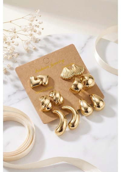 Mey İthalat Metalik Kaplama Gold Renk Ccb 6 Çift Kadın Küpe Seti Altın