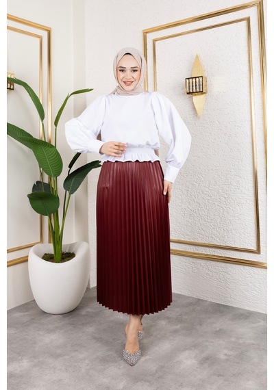 Hira Life Fashion Kadın Tesettür Giyim Ve Deri Görünümlü Beli Lastik Detayı İle Piliseli Uzun Etek Bordo Bordo Hira Life Fashion Kadın Tesettür Giyim Ve Deri Görünümlü Beli Lastik Detayı İle Piliseli Uzun Etek Bordo Bordo