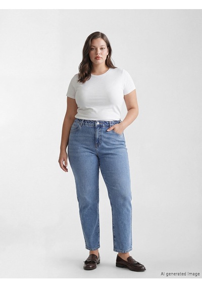 Lcw Comfort İndigo Beli Lastikli Mom Fit Kadın Jean Pantolon
