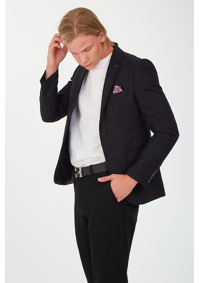 Sposo 5135 Dar Kalıp Kareli Siyah Erkek Blazer Ceket Siyah