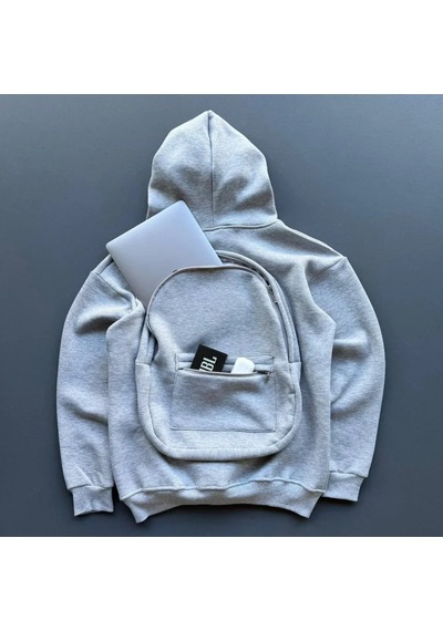3 İplik Şardonlu Tam Fermuarlı Kapüşonlu Arka Çanta Detaylı Sweatshirt - Gri