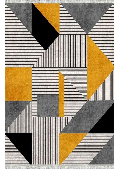 Hardal Gri Geometrik Üçgen Desenli Modern Dijital Baskılı Kaymaz Tabanlı Yıkanabilir Halı Hardal