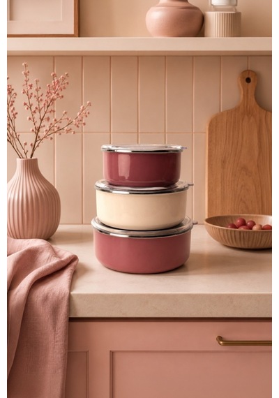 Bambum Lumino 3 Lü Emaye Saklama Kabı Pembe B7690 300+700+1000ml