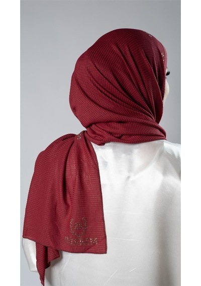 Hürrem Bone Bordo Pratik Hazır Geçmeli Tesettür Şal Örme Kumaş Taşlı Yıldız Desenli 2118y 16