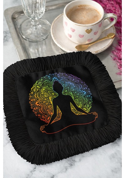 Mandala Meditasyon Sanatı Püsküllü Sunum Peçetesi - Yoga Bohem Siyah Renkli Bardak Altlığı Mendil Çok Renkli
