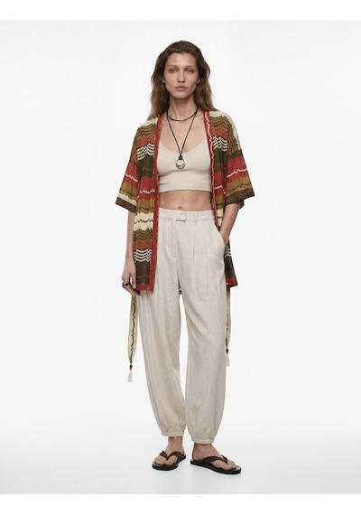 Koton Pointelle Örgü Kısa Kollu Kemerli Desenli Oversize Kimono Hırka Haki Desenli 6sak30075ek