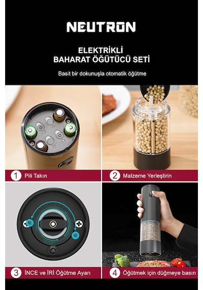 Neutron Ntl-pg-33d Pilli Tuz Ve Baharat Öğütücü Değirmen İkili Set Siyah