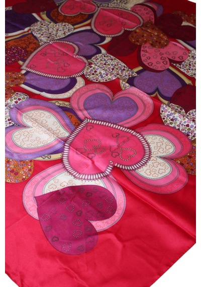 Tikitonki Kalp Desenli Saten Kırmızı Eşarp - 90x90 Fuşya Fuşya