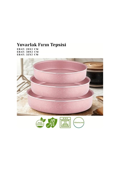 3lü Granit Yuvarlak Fırın Tepsisi Seti - Pembe Çok Renkli