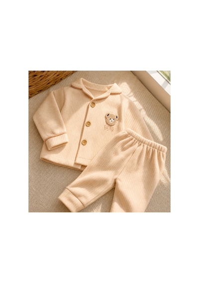 Bebelove Erkek Bebek Bej Düğmeli Ayıcık Nakışlı 2'li Pijama Takım