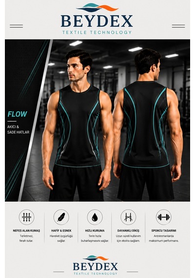 Beydex Erkek Nem Emici Hızlı Kuruma Ss-26 Collection Sporcu Sıfır Kol T-shirt Gym Mavi