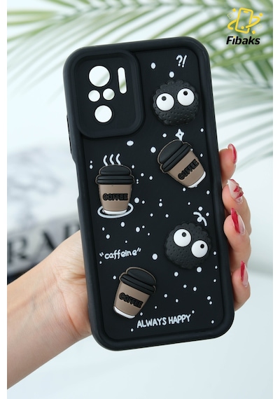 Fibaks Redmi Note 10/10s Uyumlu Kılıf Kamera Korumalı Coffee Kurabiye Figürlü Siyah Yumuşak Silikon Kapak
