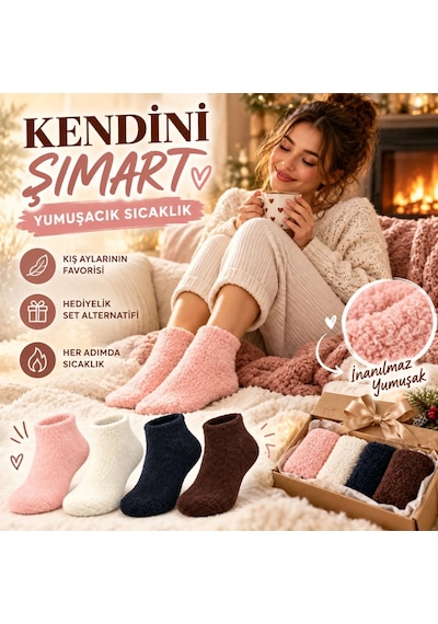 Womanandkids Wak Kadın Yumoş Patik Çorap 4'lü Set Peluş Sıcak Tutan Kışlık Ev Çorabı Yumuşak Rahat 4 Renk Hediye Seti Çok  Renkli