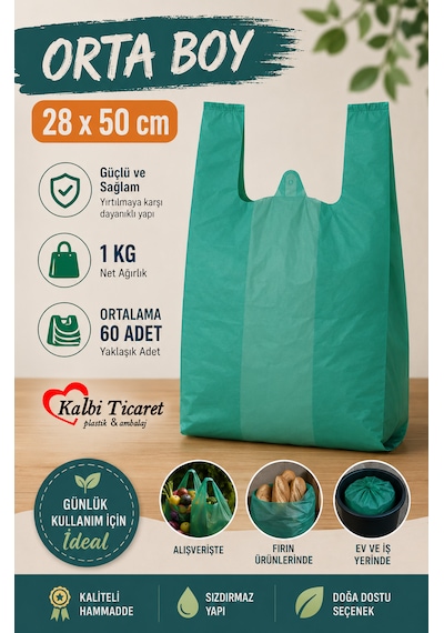 Kalın Yeşil Poşet Orta Boy 1 Kg 28x50 Cm Market Manav Poşeti Hışır Atlet Poşet Çöp Poşeti