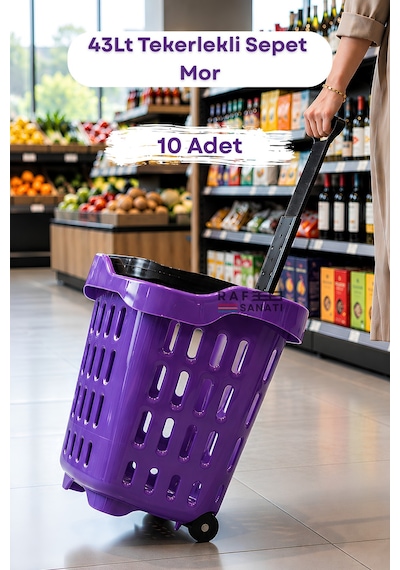 10 Adet - 43 Lt Tekerlekli Market Sepeti Plastik Alışveriş Sepeti Ergonomik Çift Saplı Mor