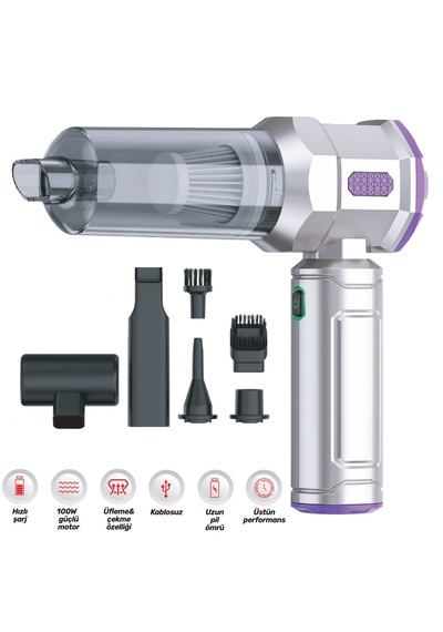 Oto Araç Süpürgesi Profesyonel Şarjlı 100w Çekme Ve Üfleme Br0909012 Gri
