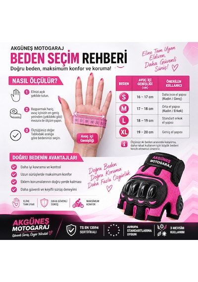 Akgüneş Motogaraj Pembe Motosiklet Eldiveni Yazlık Hava Alan Korumalı Dokunmatik Uyumlu Kadın Motosiklet Eldiveni